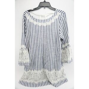 I Madeline Striped Lace Trim Bell Sleeve Tunic Top Women L Blue White